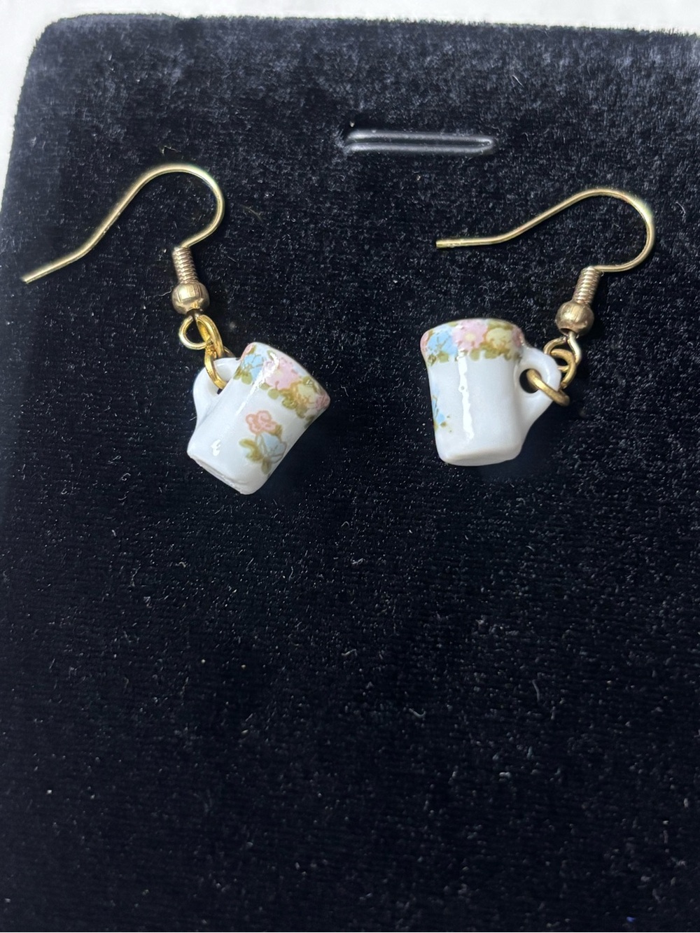 Vintage Gold-Accent Porcelain Teacup Dangle Earrings - White with Floral Trim